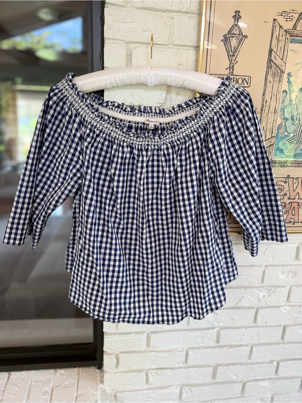 Madewell Navy & White Gingham Off-Shoulder Top